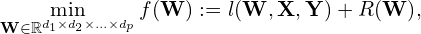  \displaystyle{\min_{{\bf W}\in \mathbb{R}^{d_1 \times d_2 \times \ldots  \times d_p}}  f({\bf W})  :=l({\bf W}, {\bf X}, {\bf Y}) + R({\bf W})},